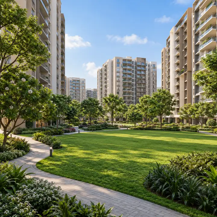 Aparna Sarjapur Road lawns, trees and footpaths between the blocks, artist's impression